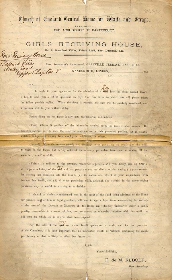 Large size image of Case 2 1. Application to Waifs and Strays' Society  February 1882
 page 1