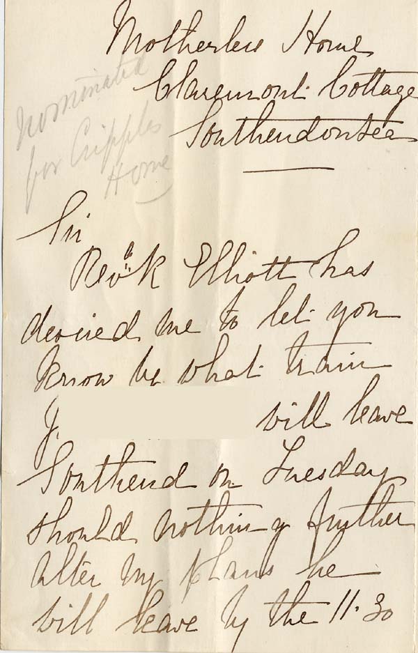 Large size image of Case 2 2. Letter from Sarah Baillie, Matron of Motherless House, Southend on Sea  c. 6 September 1882
 page 1