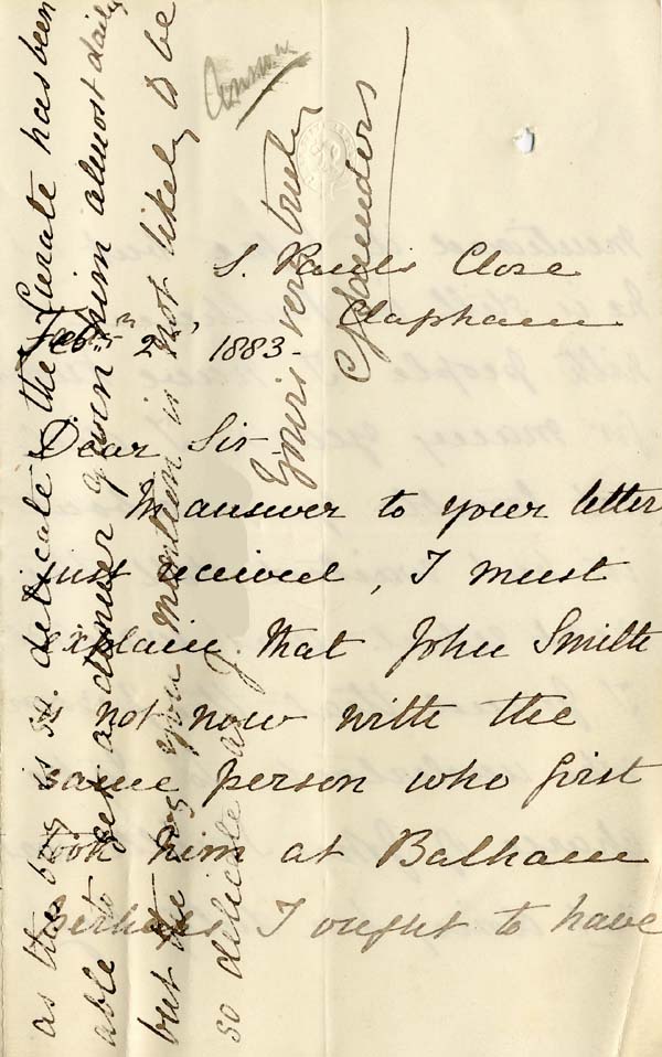 Large size image of Case 2 5. Letter from Miss S.  2 February 1883
 page 1