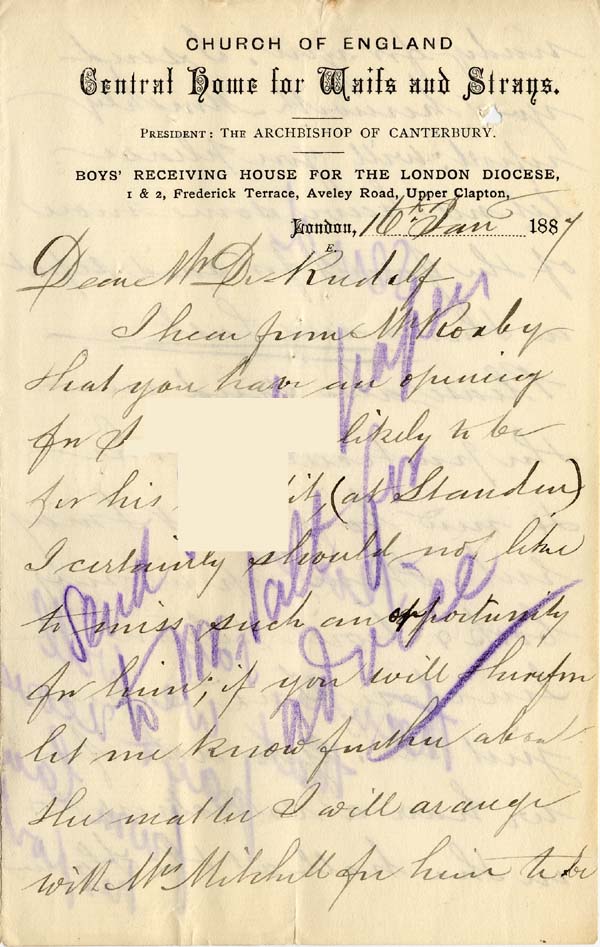 Large size image of Case 2 10. Letter from Mr McLaine Hon. Sec. of Boys Receiving House for the London Diocese  16 January 1887
 page 1