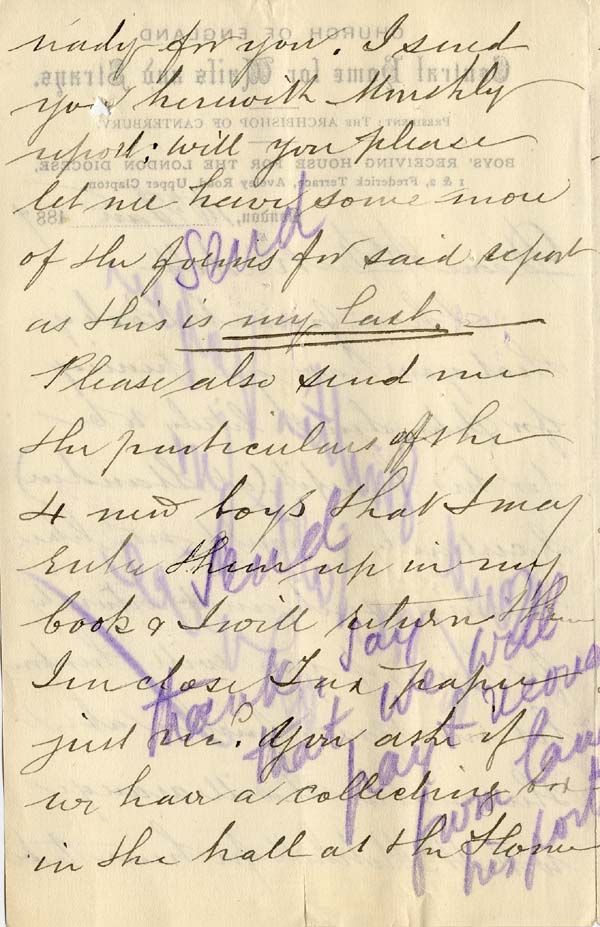 Large size image of Case 2 10. Letter from Mr McLaine Hon. Sec. of Boys Receiving House for the London Diocese  16 January 1887
 page 2