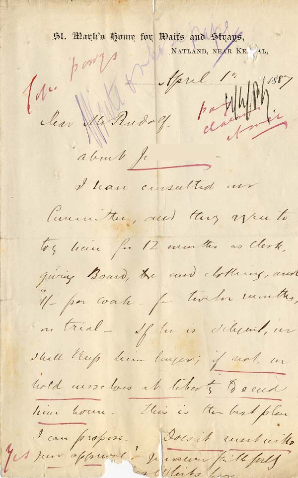 Large size image of Case 2 11. Letter from St. Marks Home for Waifs and Strays  1 April 1887
 page 1