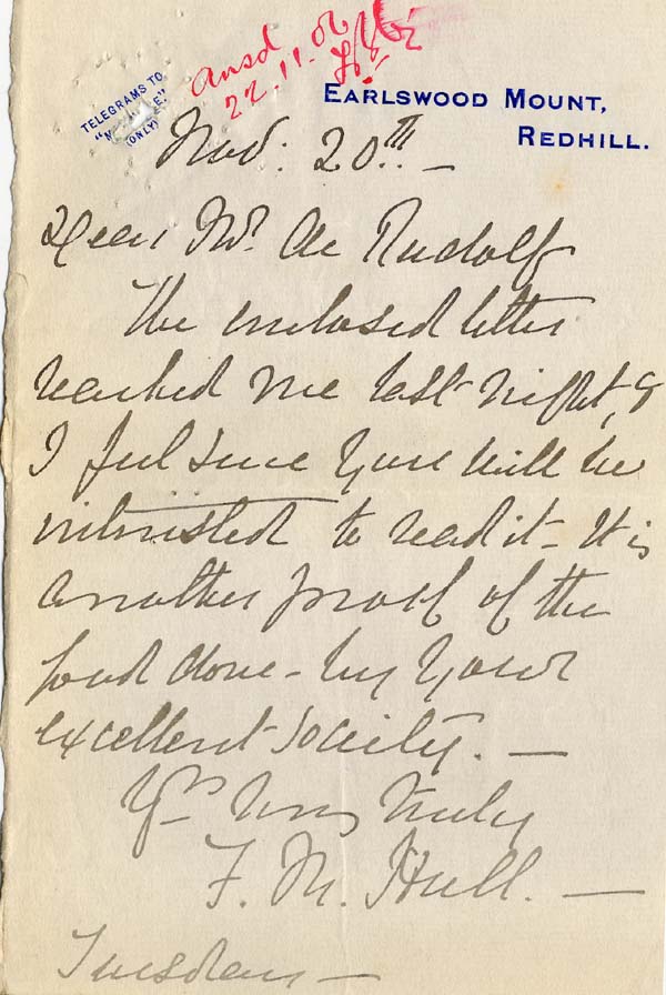 Large size image of Case 2 12. Letter from Mrs Hull  20 November 1906
 page 1