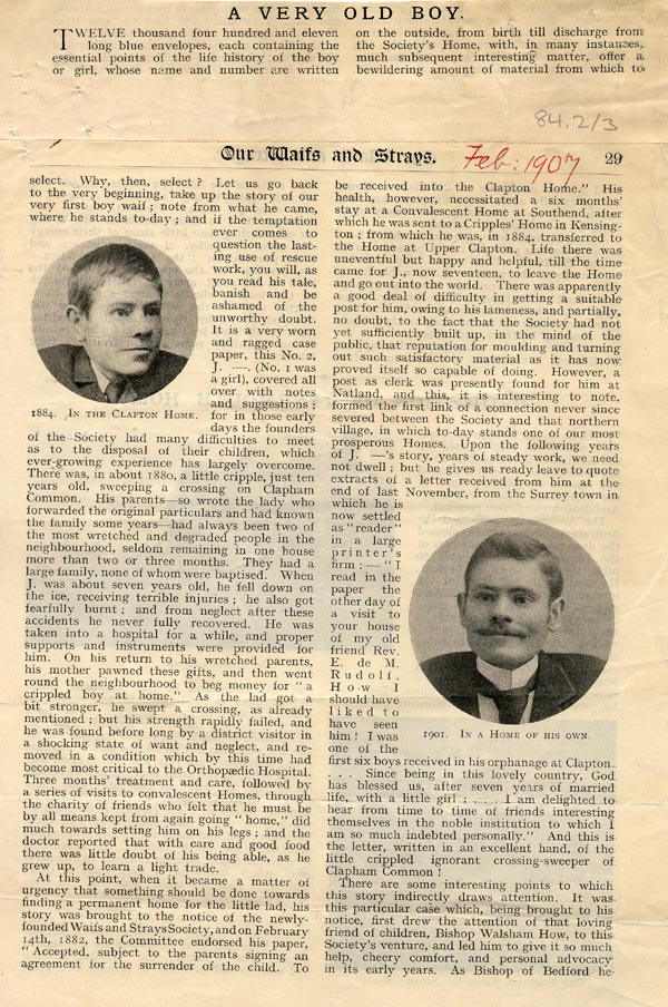 Large size image of Case 2 14. 'A very old boy', Our Waifs and Strays magazine,  February 1907, pp 28 - 30
 page 1