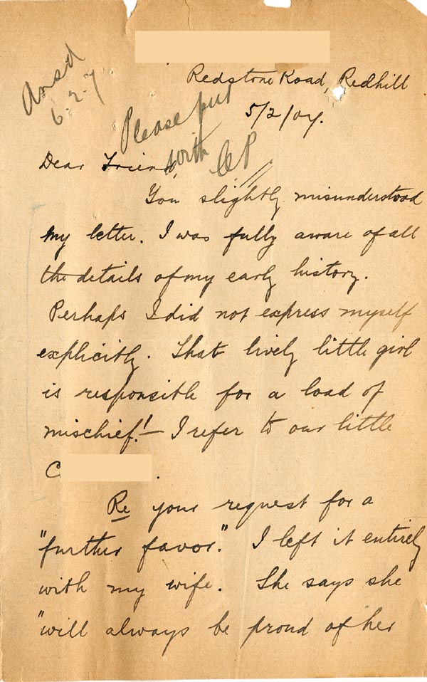 Large size image of Case 2 16. Letter from J.  5 February 1907
 page 1