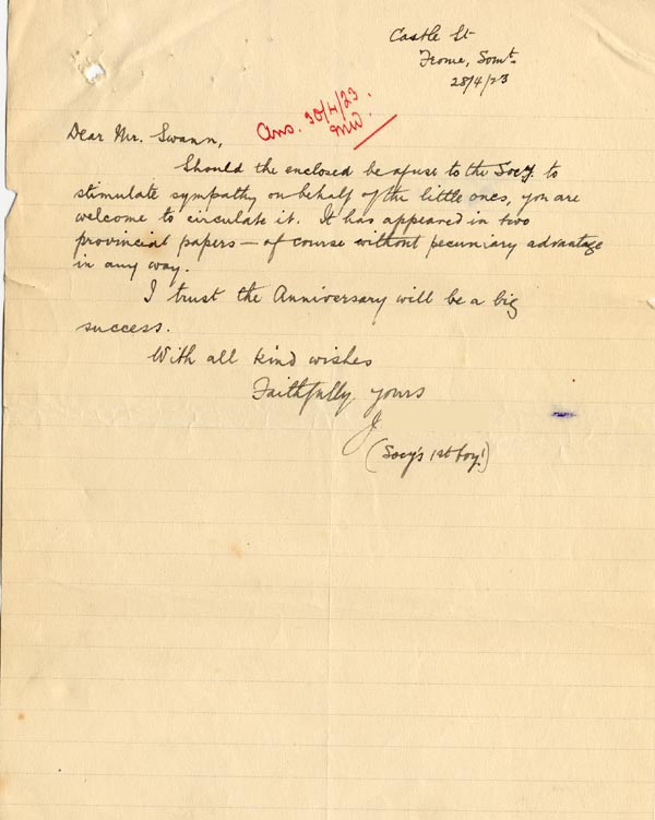 Large size image of Case 2 22. Letter from J.  28 April 1923 enclosing Our Waifs and Strays magazine, June 1922, pp 93 - 94
 page 1