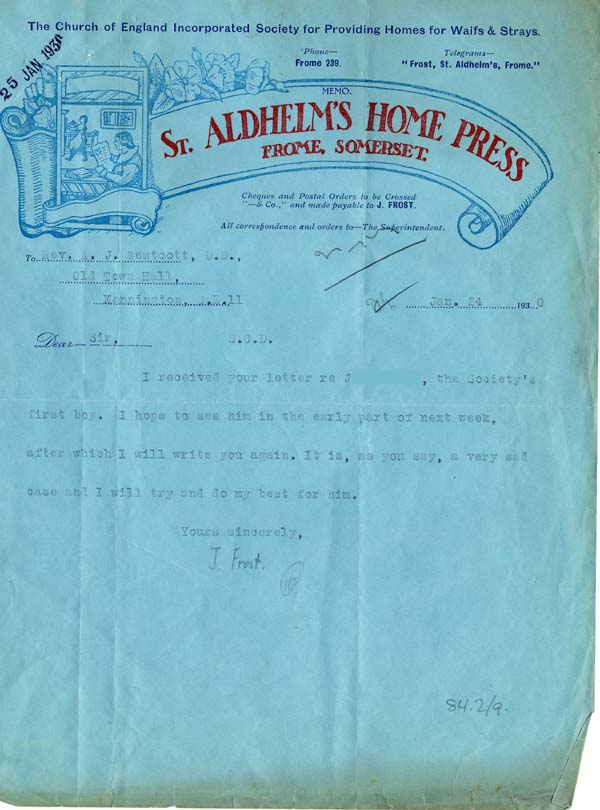 Large size image of Case 2 40. Letter to Revd Westcott from Mr Frost  24 January 1930
 page 1