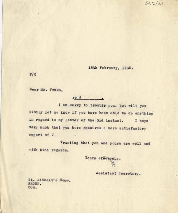 Large size image of Case 2 45. Letter to Mr Frost  13 February 1930
 page 1