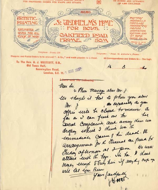 Large size image of Case 2 50. Letter to Revd Westcott from Mr Frost  4 March 1930
 page 1