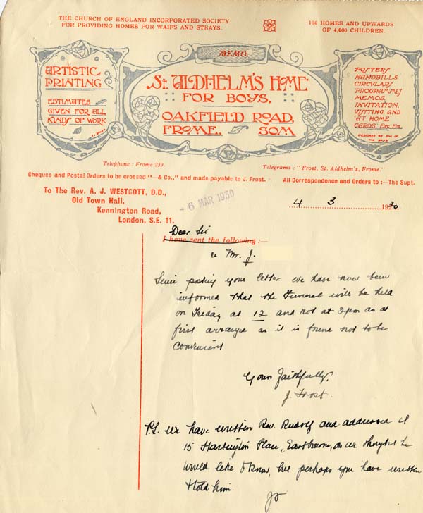 Large size image of Case 2 51. Letter to Revd Westcott from Mr Frost  4 March 1930
 page 1