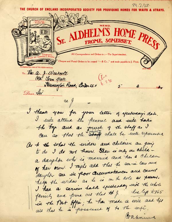 Large size image of Case 2 53. Letter to Revd Westcott from Mr. Frost  5 March 1930
 page 1