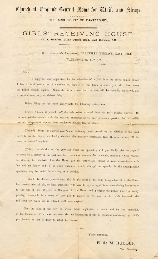 Image of Case 67 1. Application to Waifs and Strays' Society 18 July 1882
 page 1