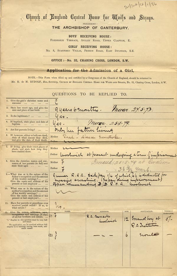 Large size image of Case 86 1. Application to Waifs and Strays' Society 14 November 1882
 page 1