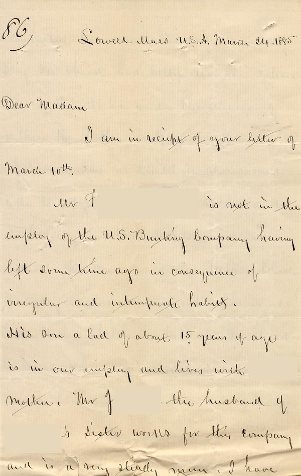 Large size image of Case 86 4. Letter from the U.S. Bunting Company 24 March 1885
 page 1