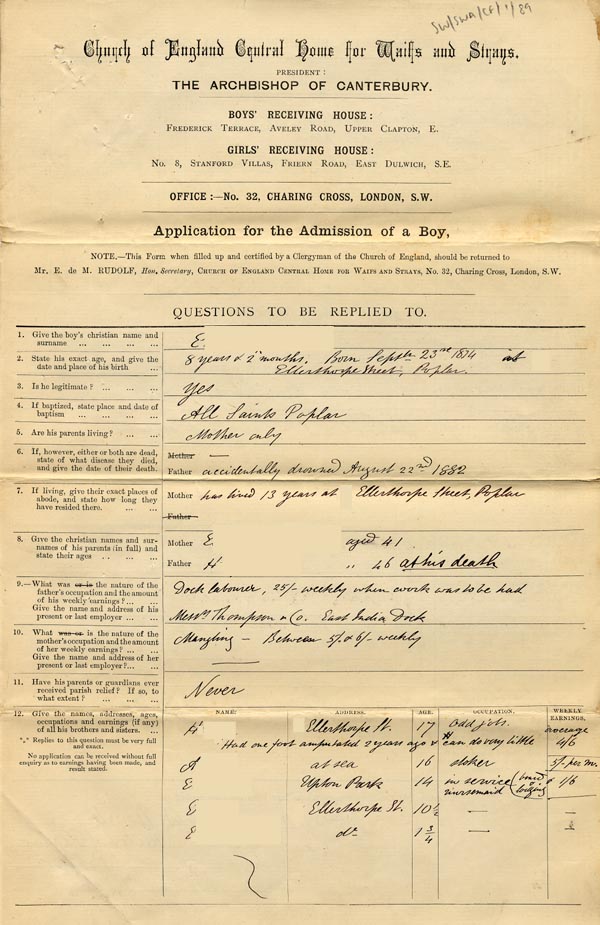 Large size image of Case 89 1. Application to Waifs and Strays' Society 6 November 1882
 page 1