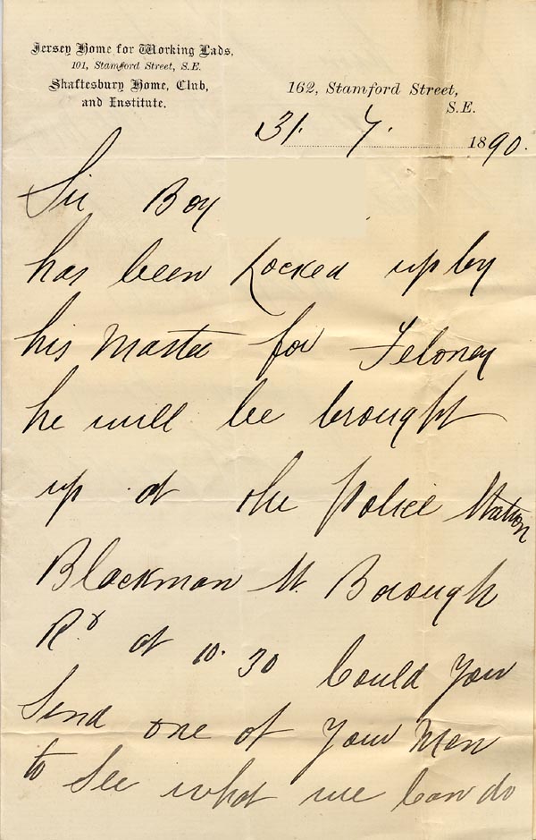 Large size image of Case 89 3. Letter from the Jersey Home for Working Lads 31 July 1890
 page 1