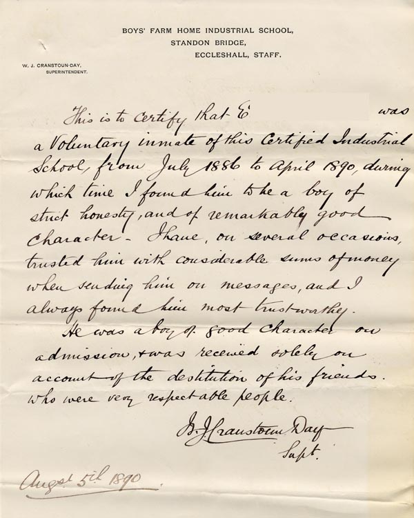 Large size image of Case 89 4. Character reference from the Standon Home 5 August 1890
 page 1