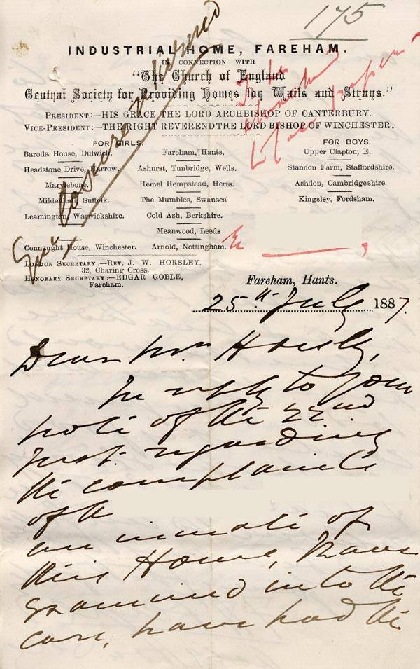 Large size image of Case 175 4. Letter from Fareham Home  25 July 1887
 page 1