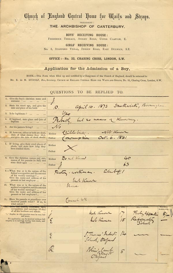 Large size image of Case 176 1. Application to Waifs and Strays' Society 16 April 1883
 page 1
