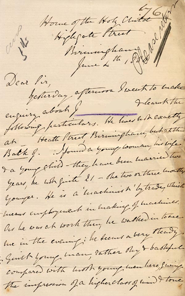 Large size image of Case 176 3. Letter from Sister Emma, House of the Holy Child, 4 June 1886
 page 1