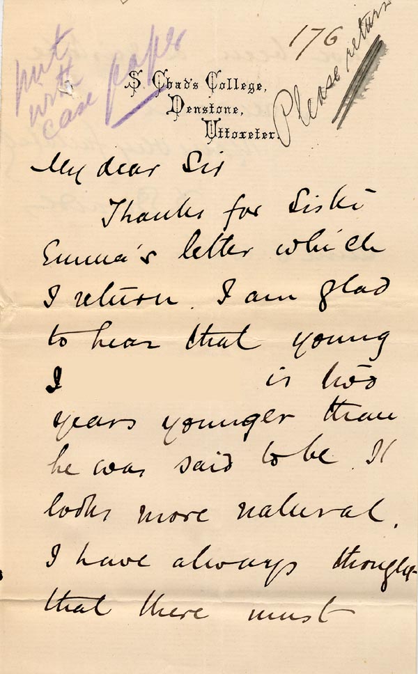 Large size image of Case 176 4. Letter from St Chad's College 8 June 1886
 page 1