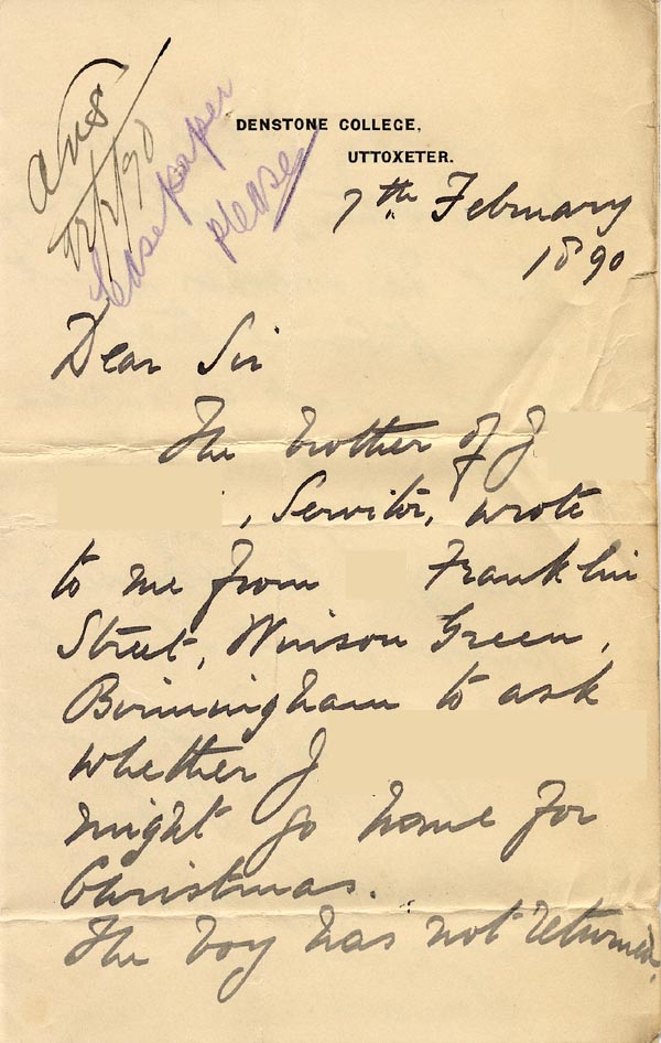 Large size image of Case 176 6. Letter from Denston College 7 February 1890
 page 1