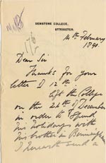 Image of Case 176 7. Letter from Denston College 14 February 1890
 page 1