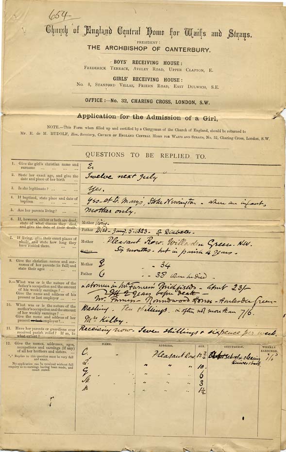 Large size image of Case 239 2. Application to Waifs and Strays' Society for E.  29 June 1883
 page 1