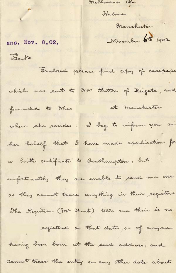 Large size image of Case 262 2. Letter concerning N's birth certificate and parents  1902
 page 1