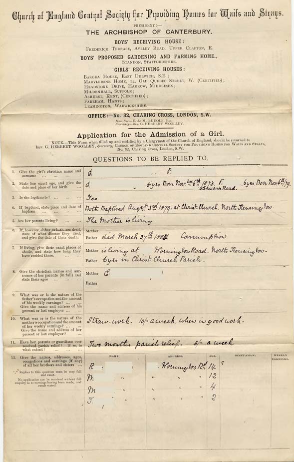 Large size image of Case 476 1. Application to Waifs and Strays' Society  17 April 1885
 page 1