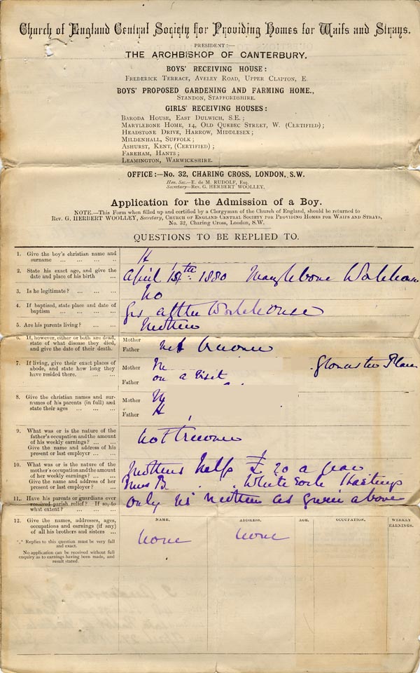 Large size image of Case 485 1. Application to Waifs and Strays' Society  27 April 1885
 page 1