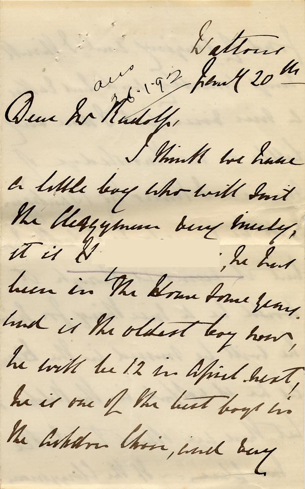 Large size image of Case 485 6. Letter from the Ashdon Home about H. being boarded out  20 January [1892]
 page 1