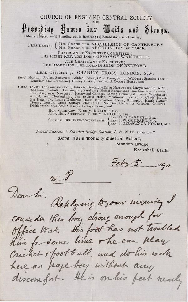 Large size image of Case 512 7. Letter from Standon Home 5 February 1890
 page 1