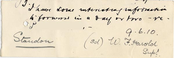 Large size image of Case 512 10. Note from Supt W.F. Harold, Standon Home 9 June 1910
 page 1