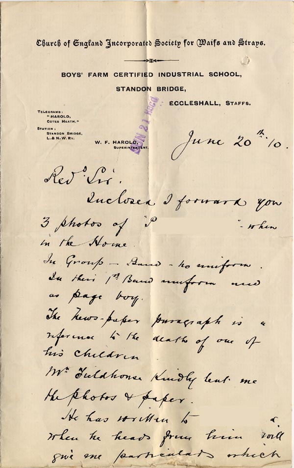 Large size image of Case 512 11. Letter from Supt W.F. Harold, Standon Home 20 June 1910
 page 1