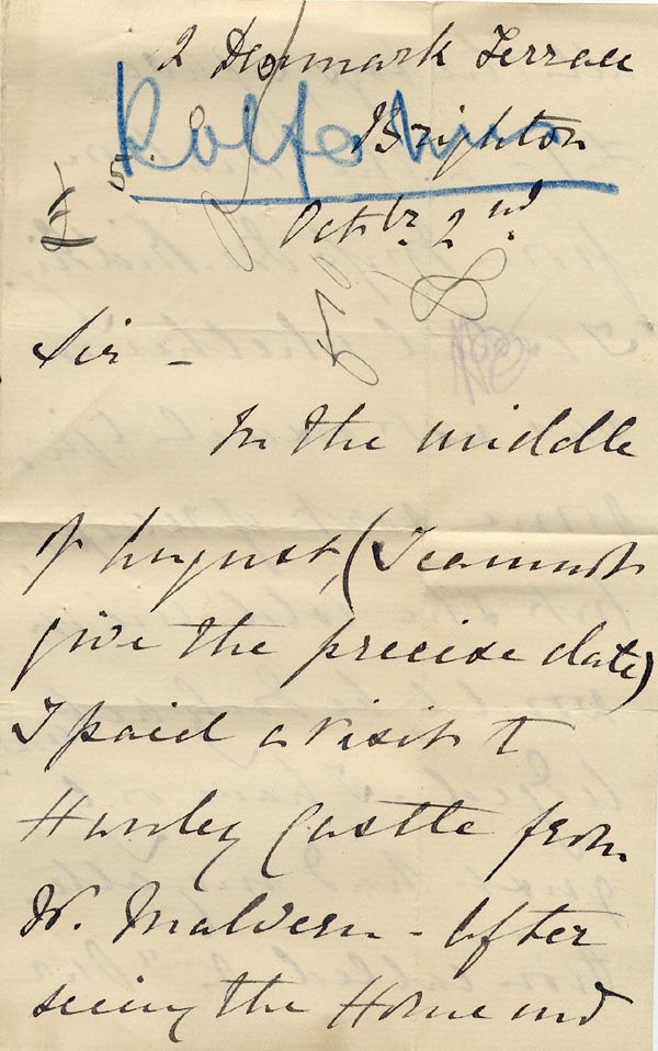 Large size image of Case 517 8. Letter from B.M. Rolfe concerning money  2 October 18??  [This letter may relate to another case]
 page 1