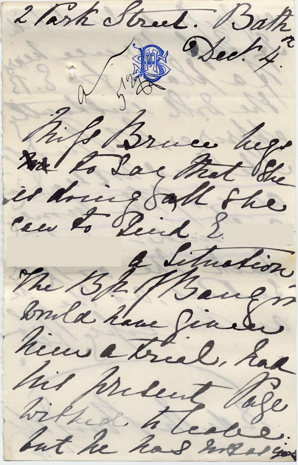 Large size image of Case 517 15. Letter from Miss M.S. Bruce  4 December [1888]
 page 1