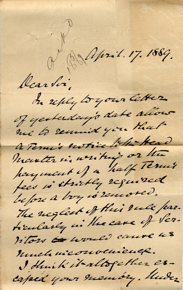 Large size image of Case 517 20. Letter from John Bullock  17 April 1889
 page 1