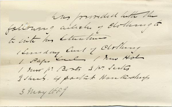Large size image of Case 517 24. Note of clothing provided for E.  3 May 1889
 page 1
