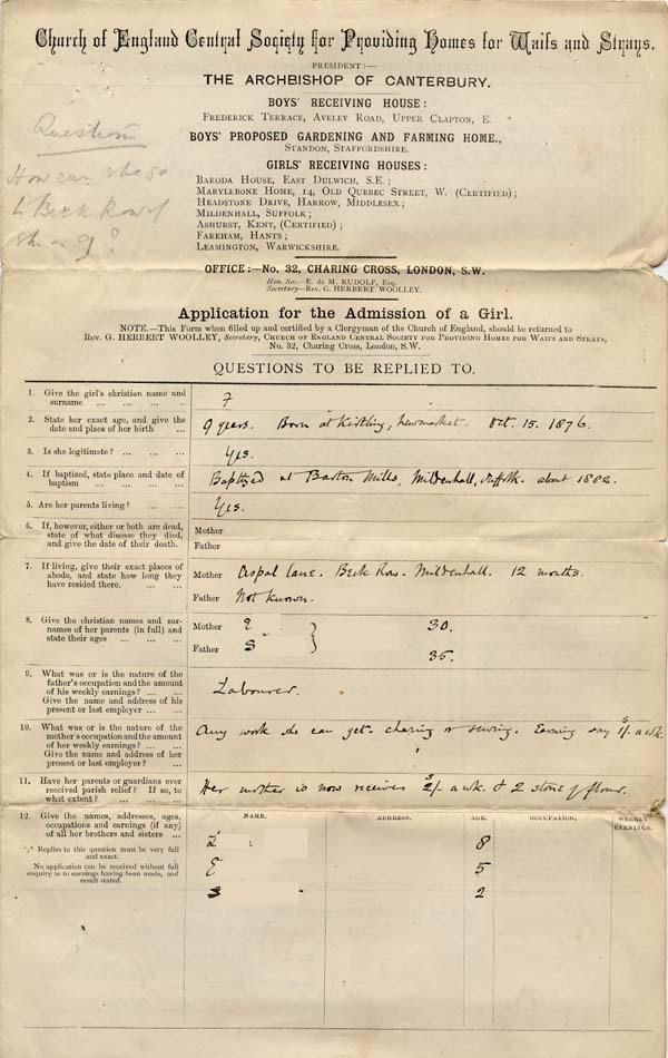 Large size image of Case 542 1. Application to the Waifs and Strays' Society  3 October 1885
 page 1