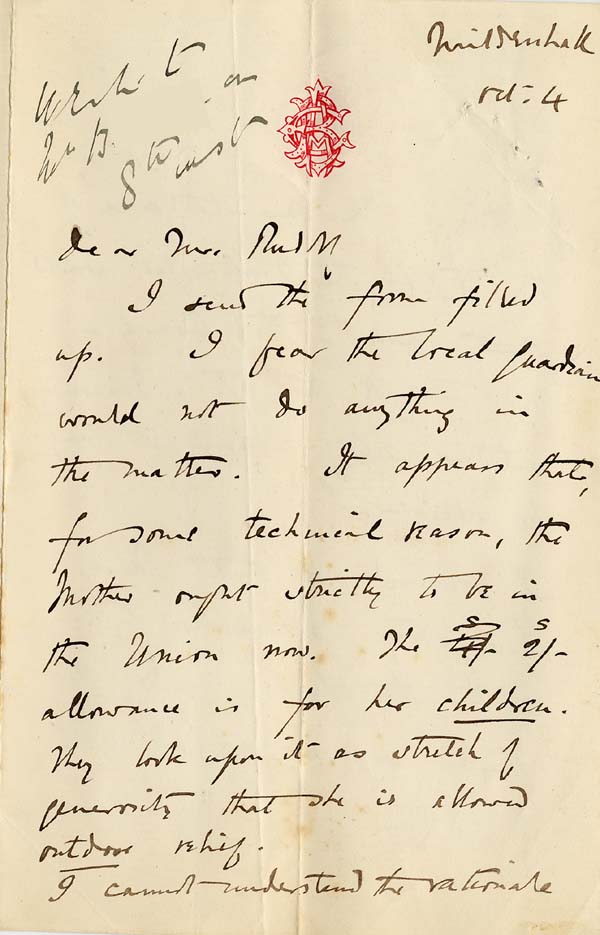 Large size image of Case 542 2. Letter from Revd B. enclosing the completed form  4 October 1885
 page 1