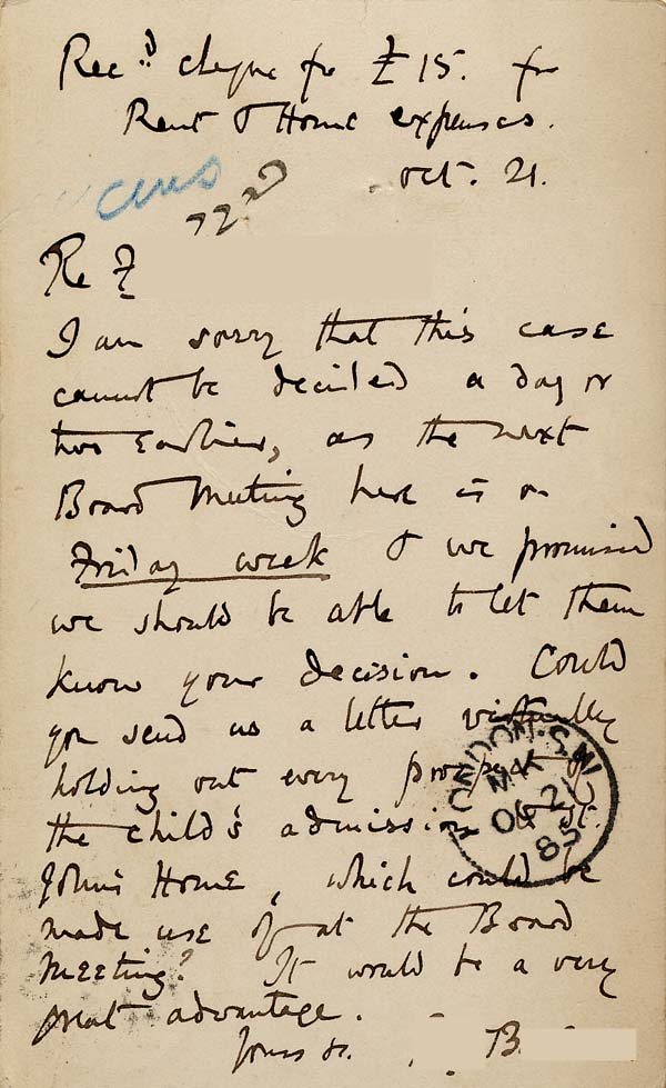 Large size image of Case 542 4. Card from Revd B. asking about F's possible admission to a Home  21 October 1885
 page 2