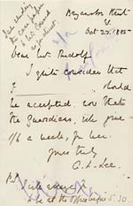 Image of Case 542 5. Letter from G.L. Lee stating that he feels F. should be accepted by the Mildenhall Home  22 October 1885
 page 1