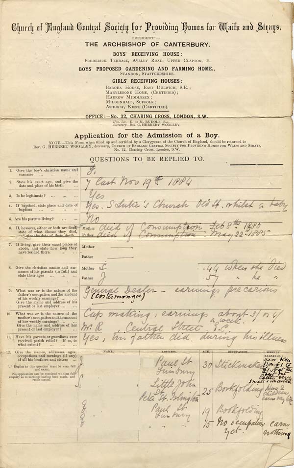 Large size image of Case 588 1. Application to the Waifs and Strays' Society  29 June 1885
 page 1