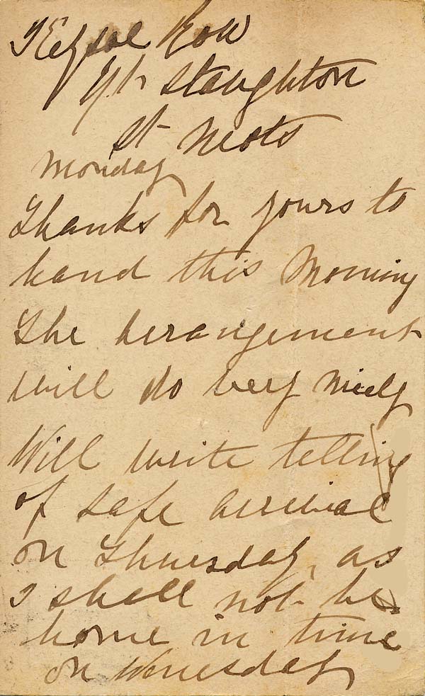 Large size image of Case 749 3. Postcard from Miss T. about arrangements for A's arrival  16 August 1886
 page 2