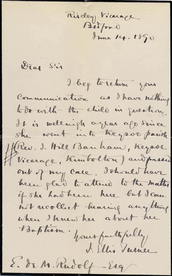 Large size image of Case 749 8. Letter from Revd Ellis Turner reporting that A. is no longer in his parish  14 June 1890
 page 1