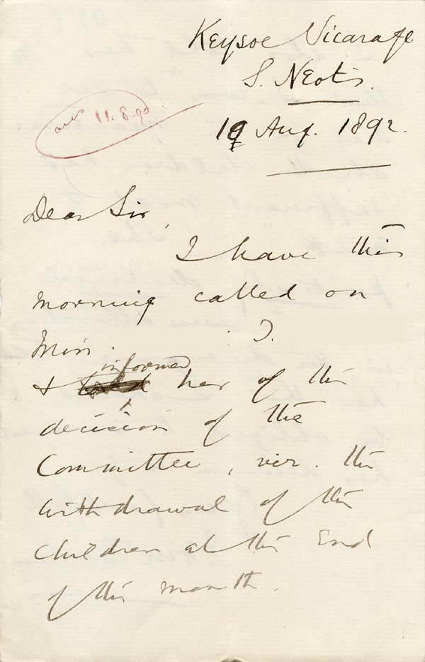 Large size image of Case 749 10. Letter from the Vicar of Keysoe concerning A's diet and the withdrawal of the foster children from Miss T's care  10 August 1892
 page 1