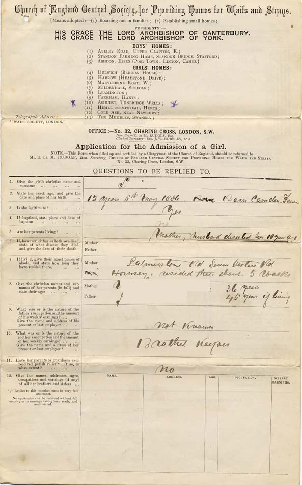 Large size image of Case 791 1. Application to Waifs and Strays Society  August 1886
 page 1
