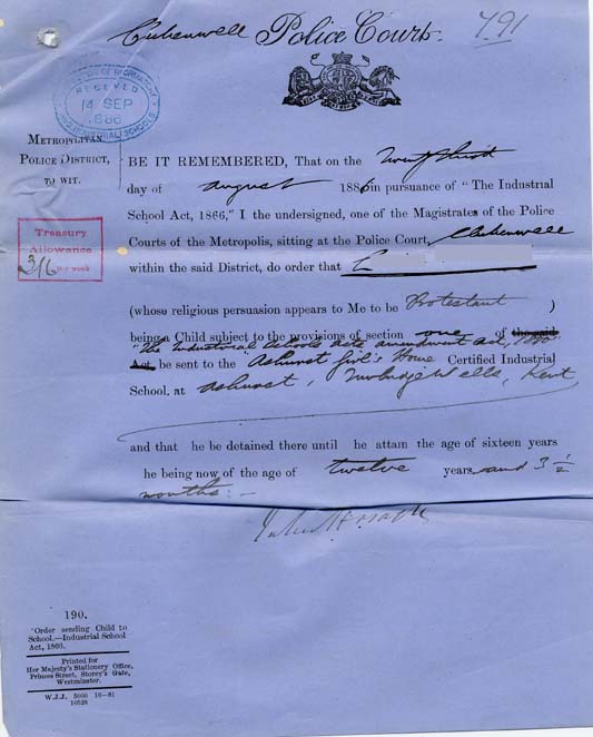 Large size image of Case 791 2. Order sending child to an Industrial School  23 August 1886
 page 1