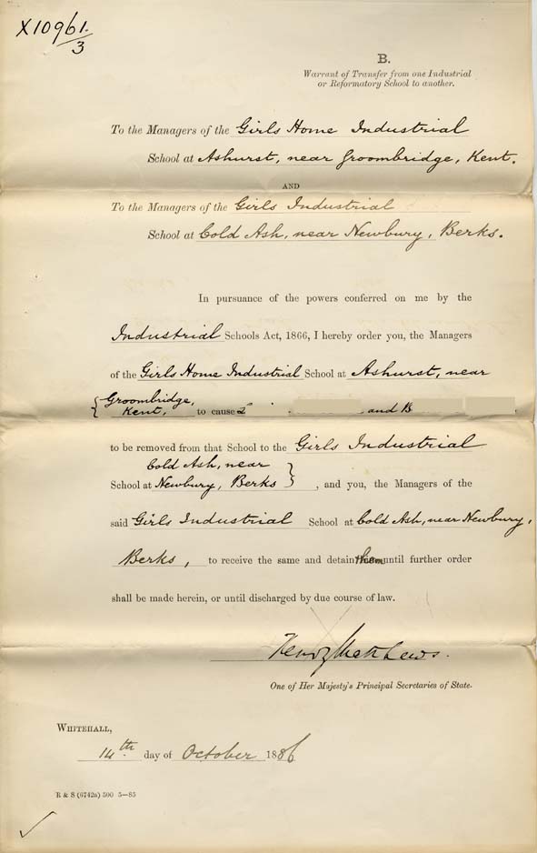 Large size image of Case 791 3. Warrant of Transfer from one Industrial School to another  14 October 1886
 page 1